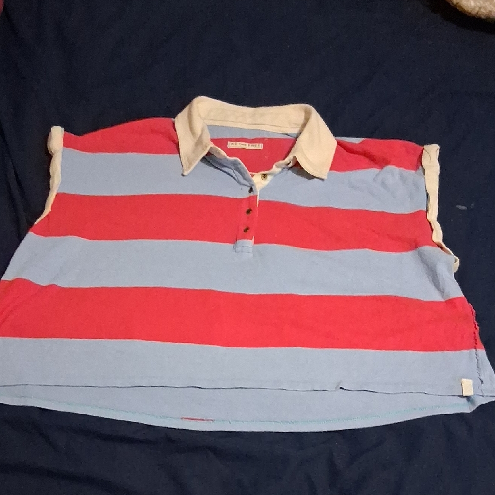 Classic Striped Polo Shirt Cropped in Red and Blue
